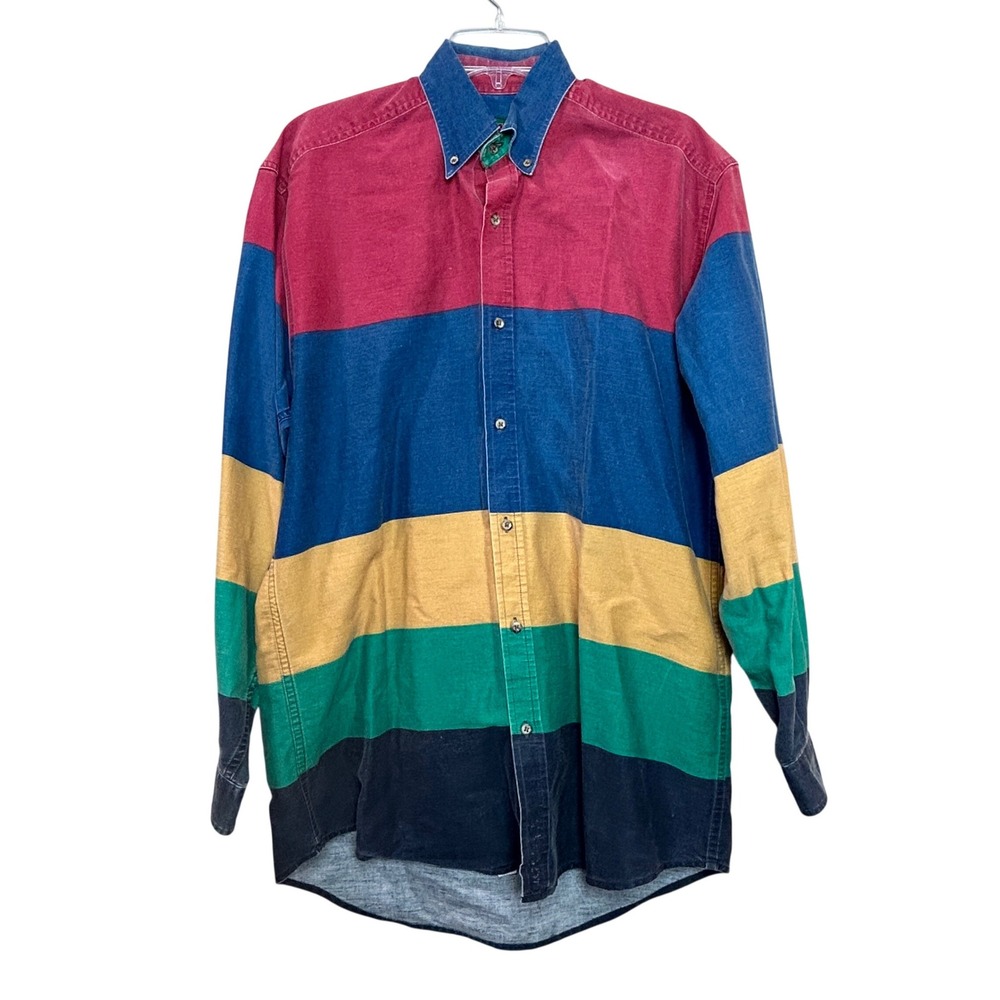 Vintage Button Down Mens Medium Thick Stripes Colorblock Cotton 90s Maximalist